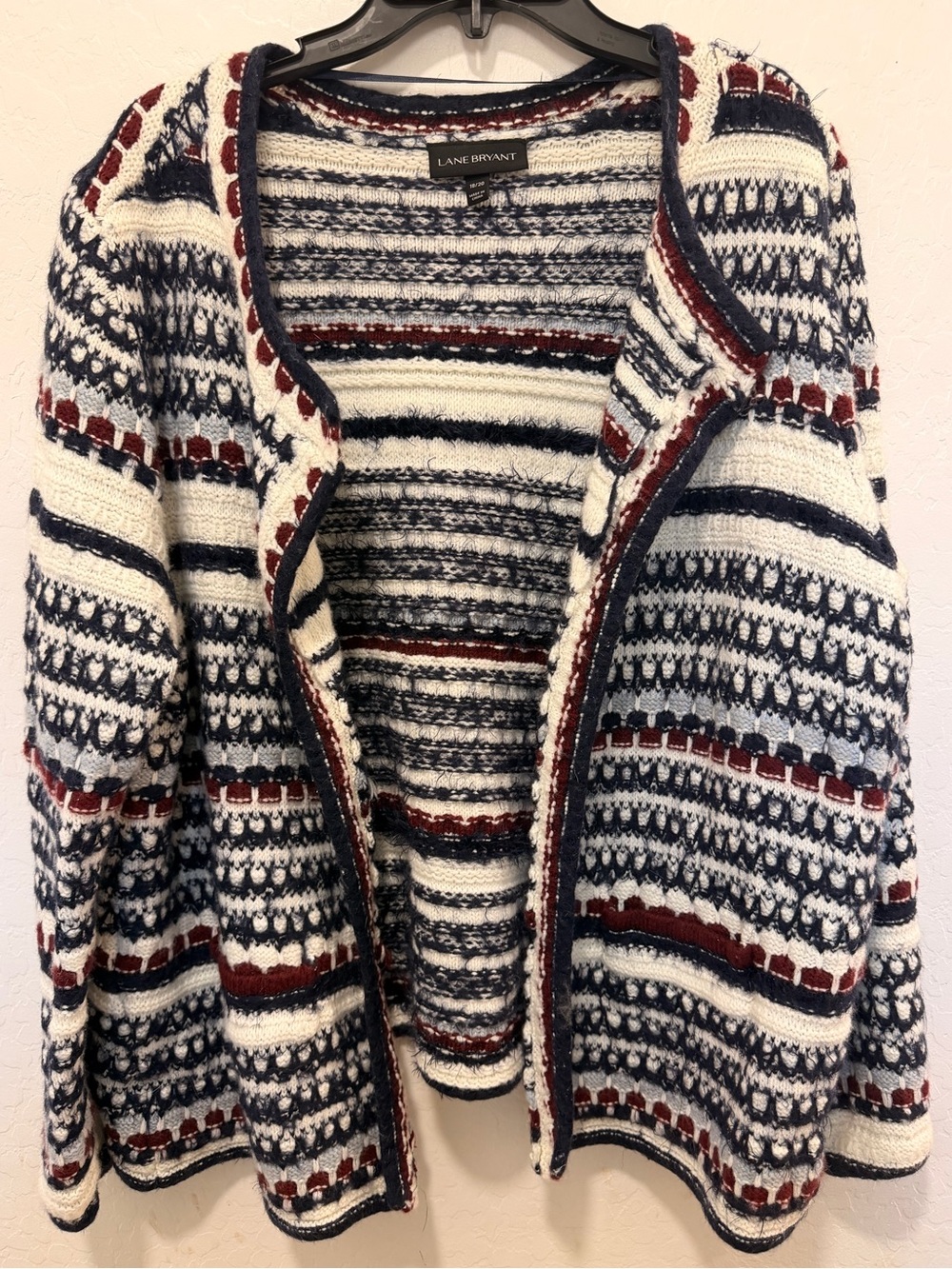 Lane Bryant Cardigan Sweater Women
18/20 Navy White Eyelash Knit Fuzzy Geometric